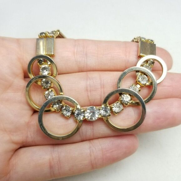 Vintage SAC Sarah Coventry Rhinestone Gold Tone Bracelet, Retro Design, Estate - Picture 2 of 7